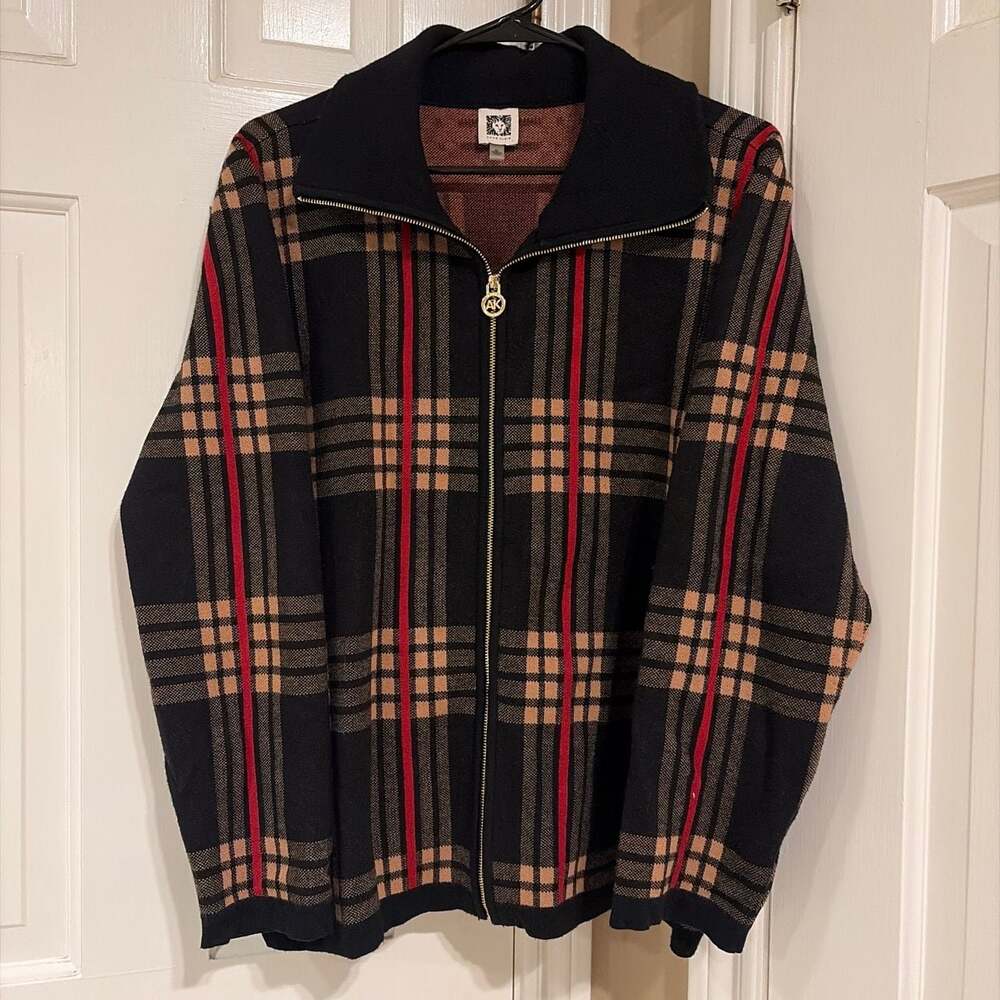 Anne Klein Women's Plaid Knit Zip-Front Cardigan Jacket